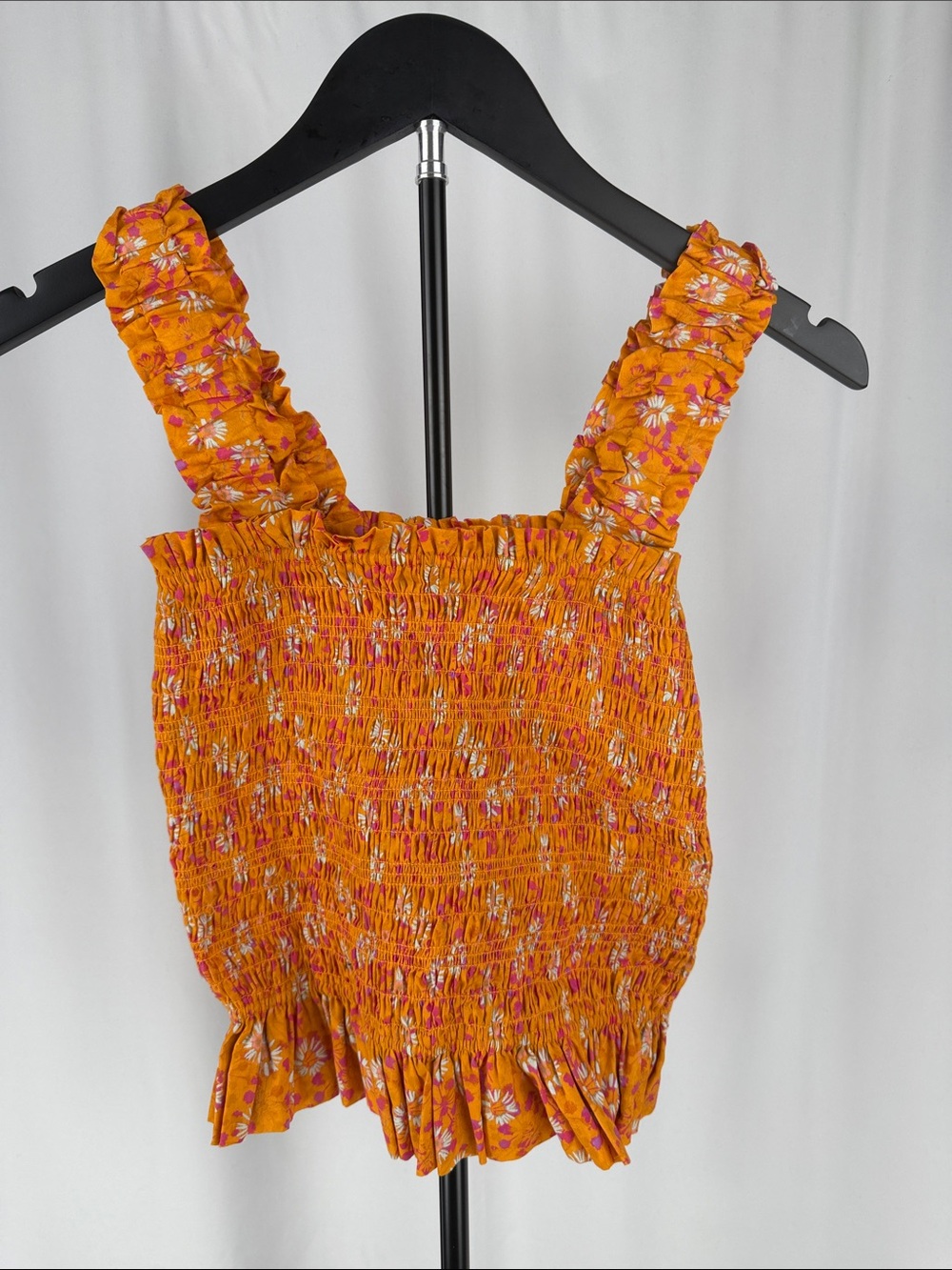 WAYF Orange Floral Smocked Ruffle Strap Peplum Top XS